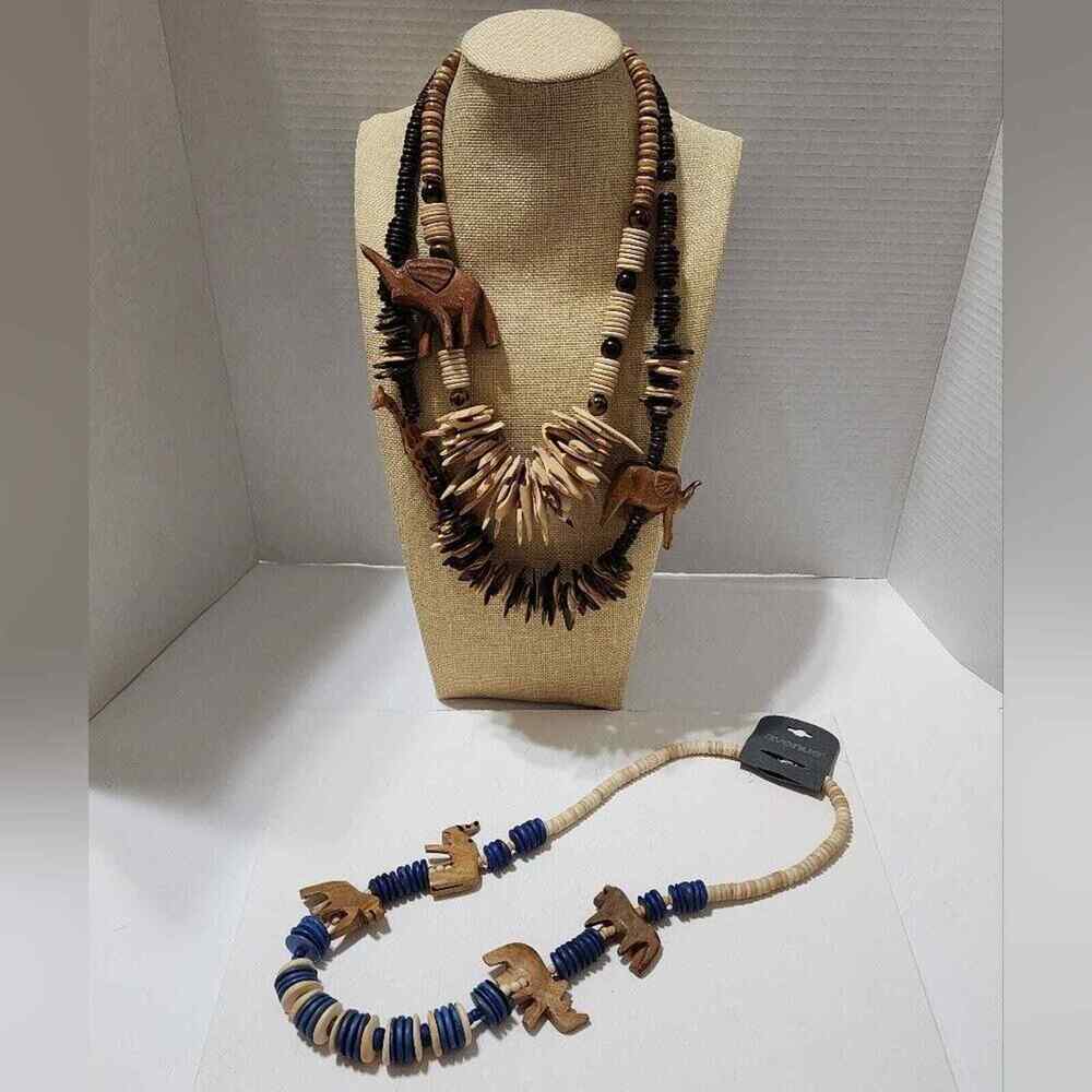 Jungle elephant giraffe lion rhinoceros wooden beaded necklace lot bundle set